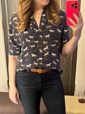 Rails Kate Horse Print Button-Down Shirt | Navy | Size Small | Equestrian Print